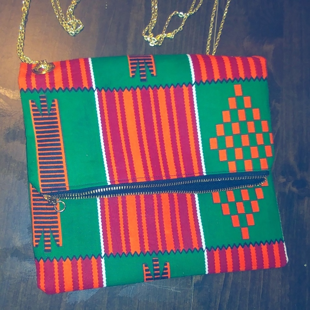 African Clutch Foldover Clutch with Gold Chain